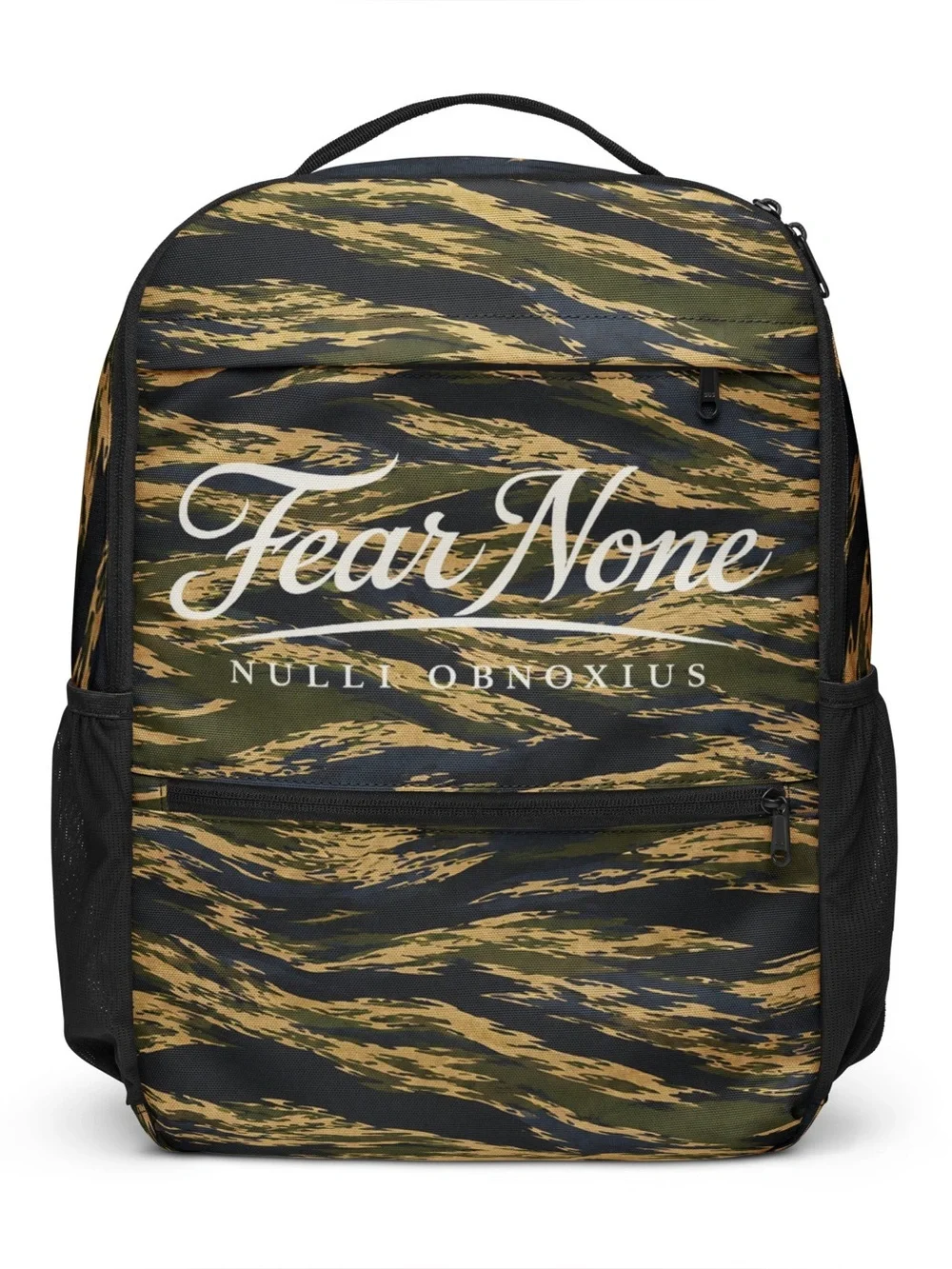 Camouflage Tiger-Stripe Fear None Backpack in Green & Black